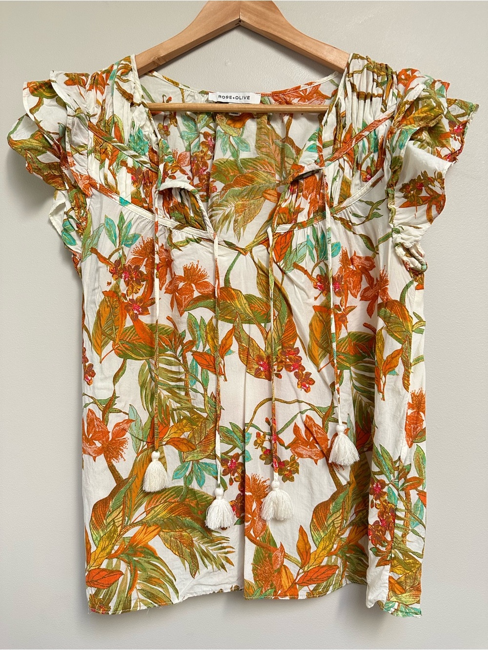 Rose + Olive Tropical Blouse Large Tassel Tie Boho Flutter Sleeve Top